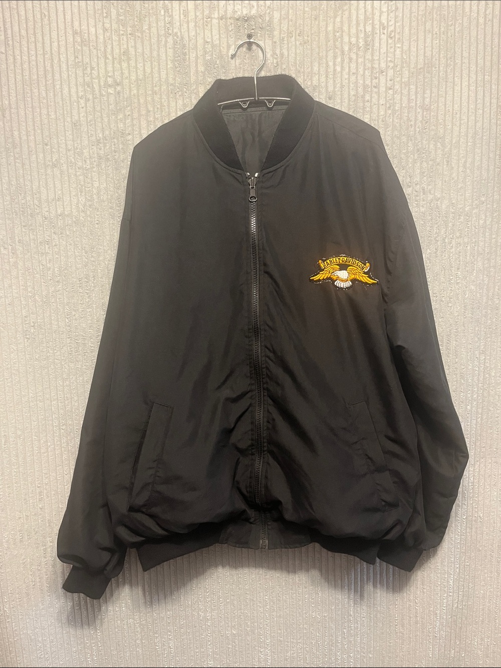Men's Black Bomber Jacket with Yellow Embroidered Harley Davidson Medium